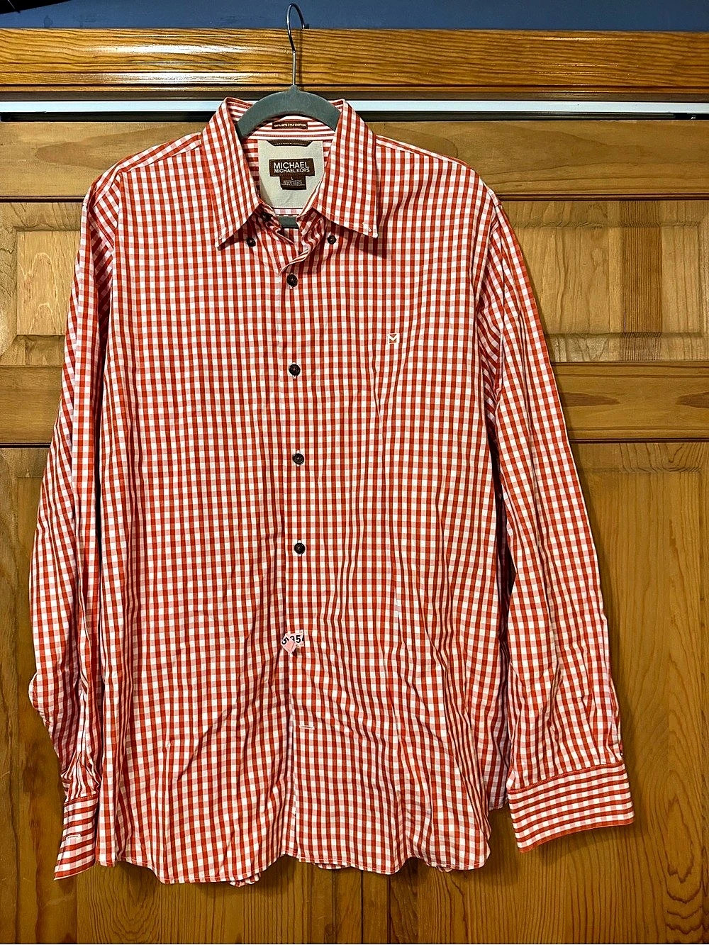 Michael Kors Gingham Cotton Button Down in Orange & White Large
